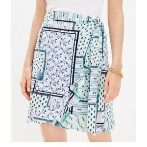 Ann Taylor LOFT Mint Green Blue Patterned Tie Front Ruffle Bottom Skirt 2P